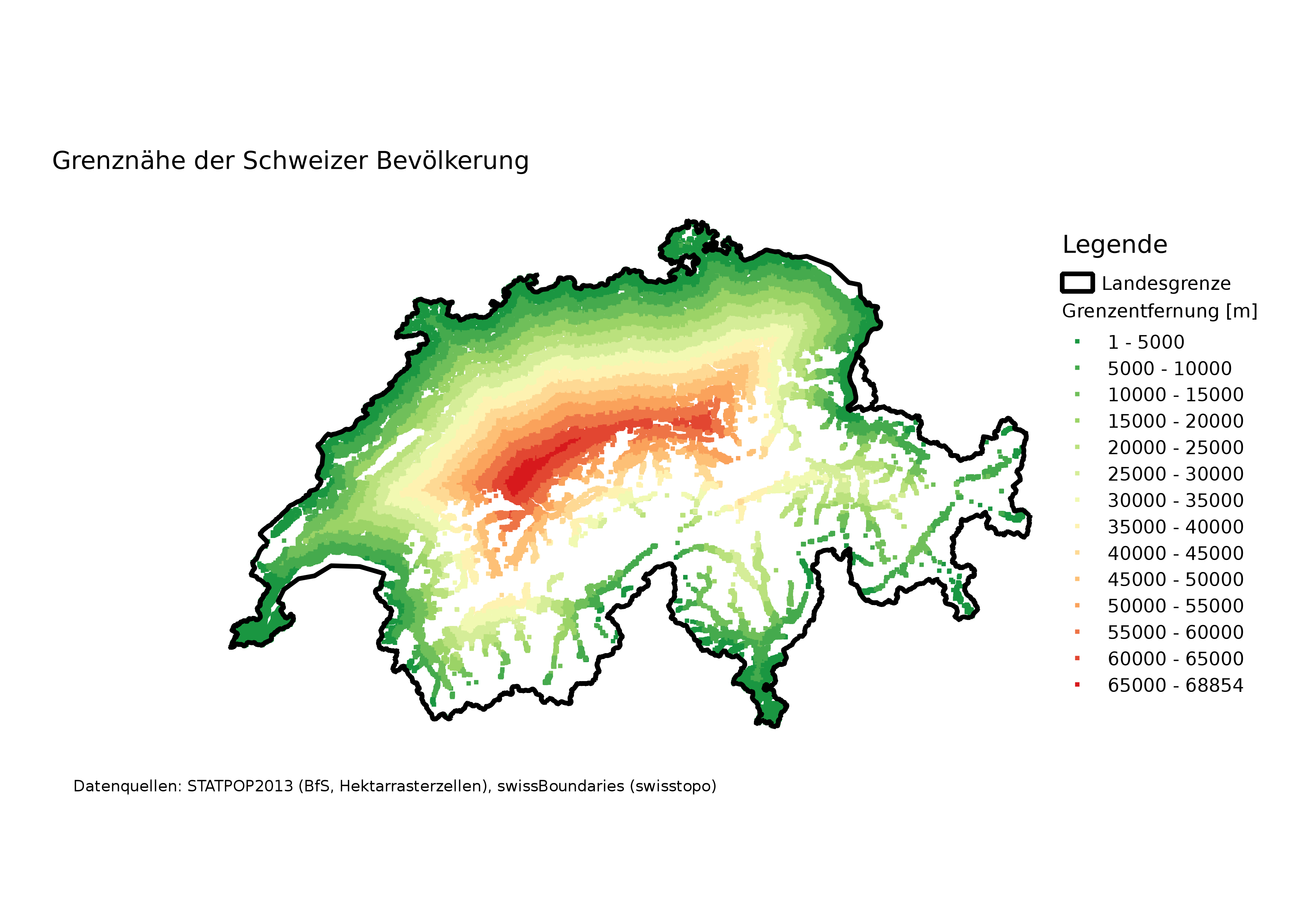 Luftlinien-Entfernung zur Grenze in Metern